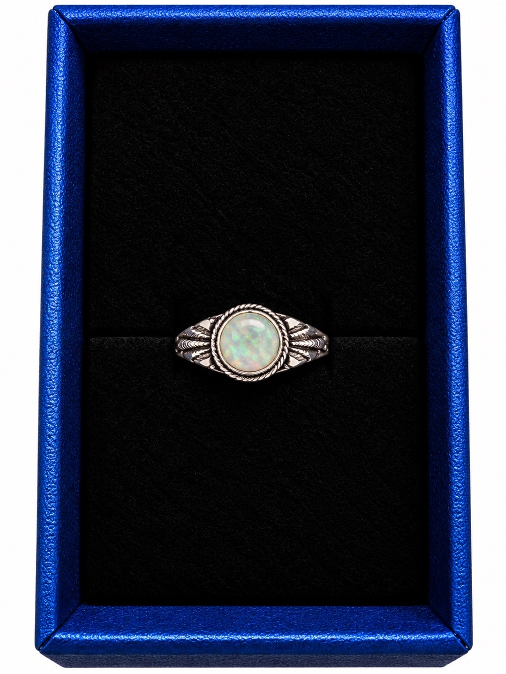 Sterling Opal Ring with Rope Detail - Iridescent White Opal